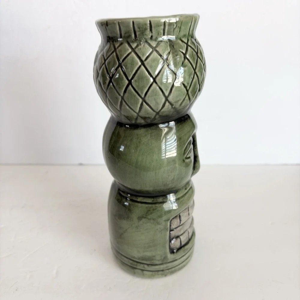 Tiki Lin Hawaiian Green Ugly Face Teeth Ceramic Cocktail Bar Vase Polynesian